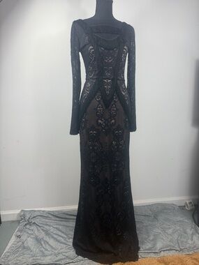 BCBGMaxAzria Black Lace Long-Sleeve Evening Dress